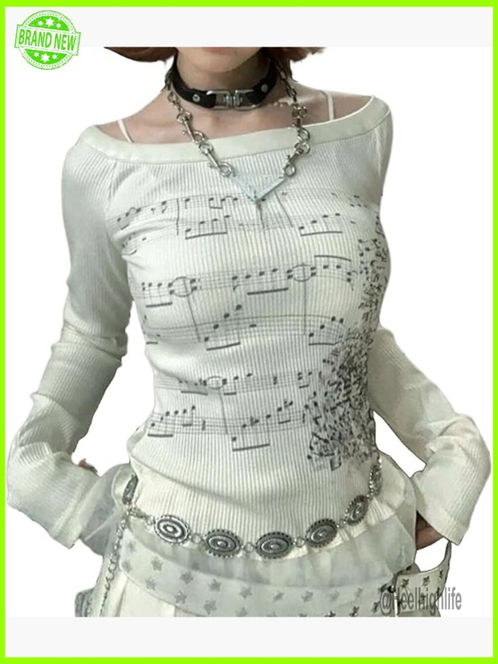Off Shoulder Long Sleeve Fitted Grunge Y2K Emo Music Graphic Tee